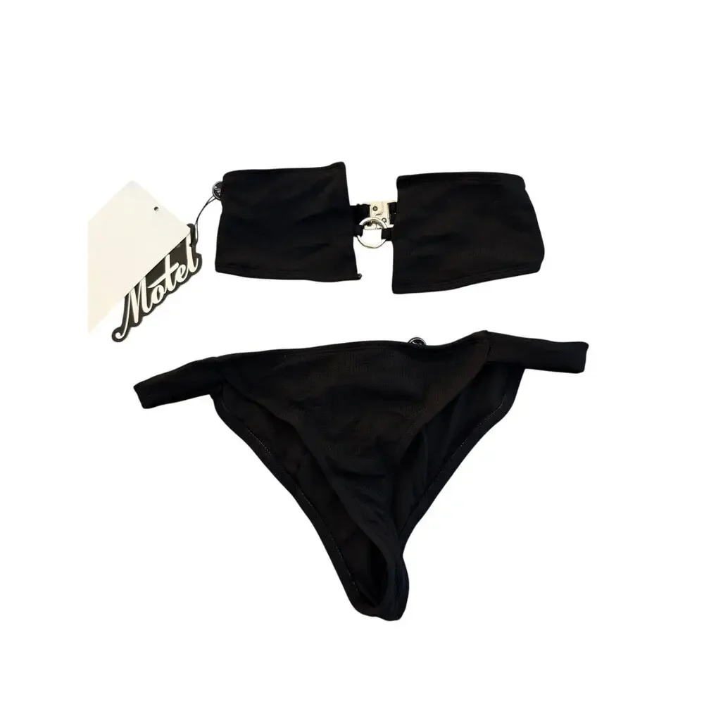 NWT Motel Kassia bandeau Bikini Top & bottom Black With Silver size small